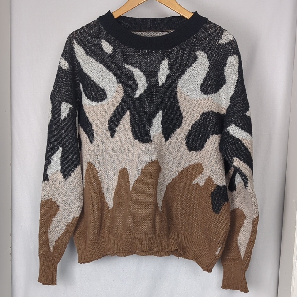 ZAFUL Flame Sweater Relaxed Fit Crewneck Brown Black Tan